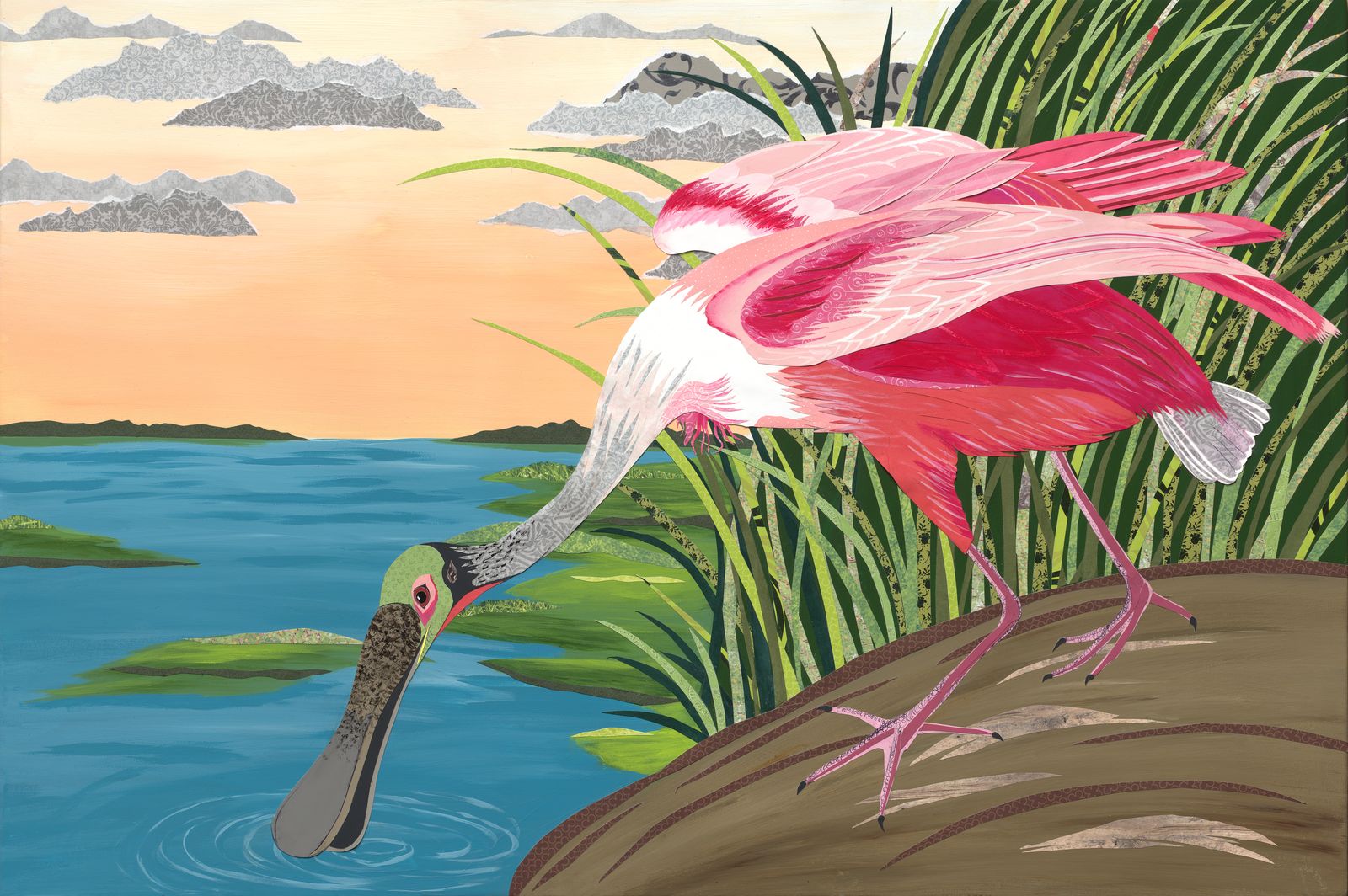 Ode to Audubon - Roseate Spoonbill — layered paper collage by Jennifer Peck