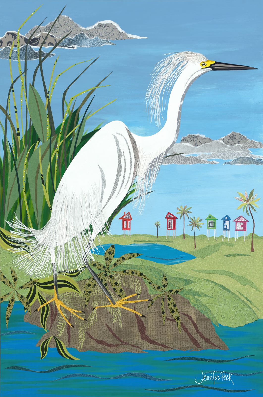 Ode to Audubon - Snowy Egret — layered paper collage by Jennifer Peck