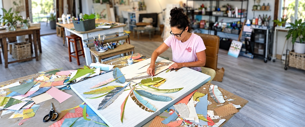 Jennifer at her studio table laying cut-paper palm leaves onto a canvas